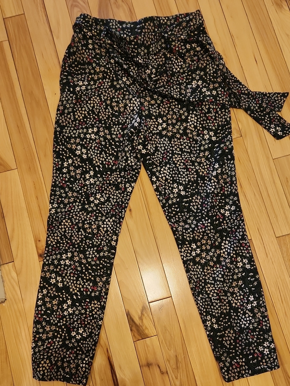 Floral Tie-Waist Elastic  Black Women's Pants